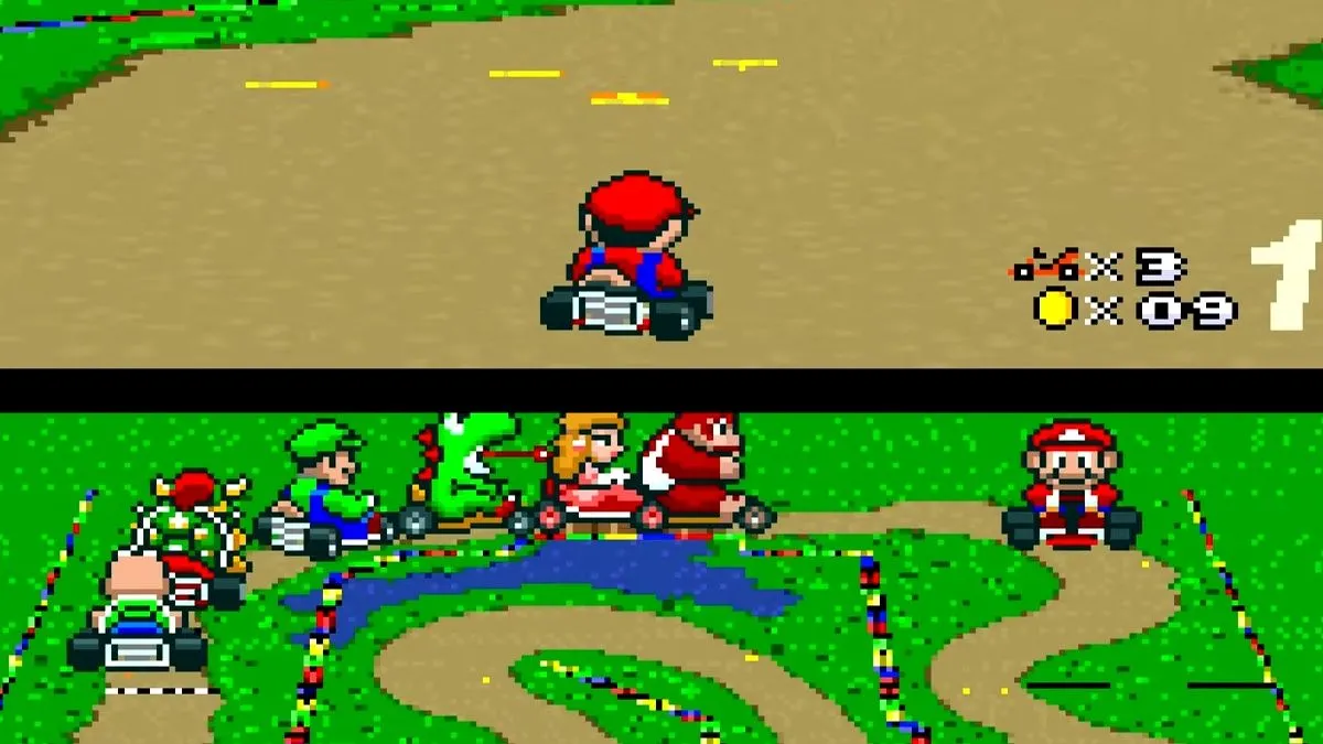 Gameplay Super Mario Kart với đường đua và các vật phẩm