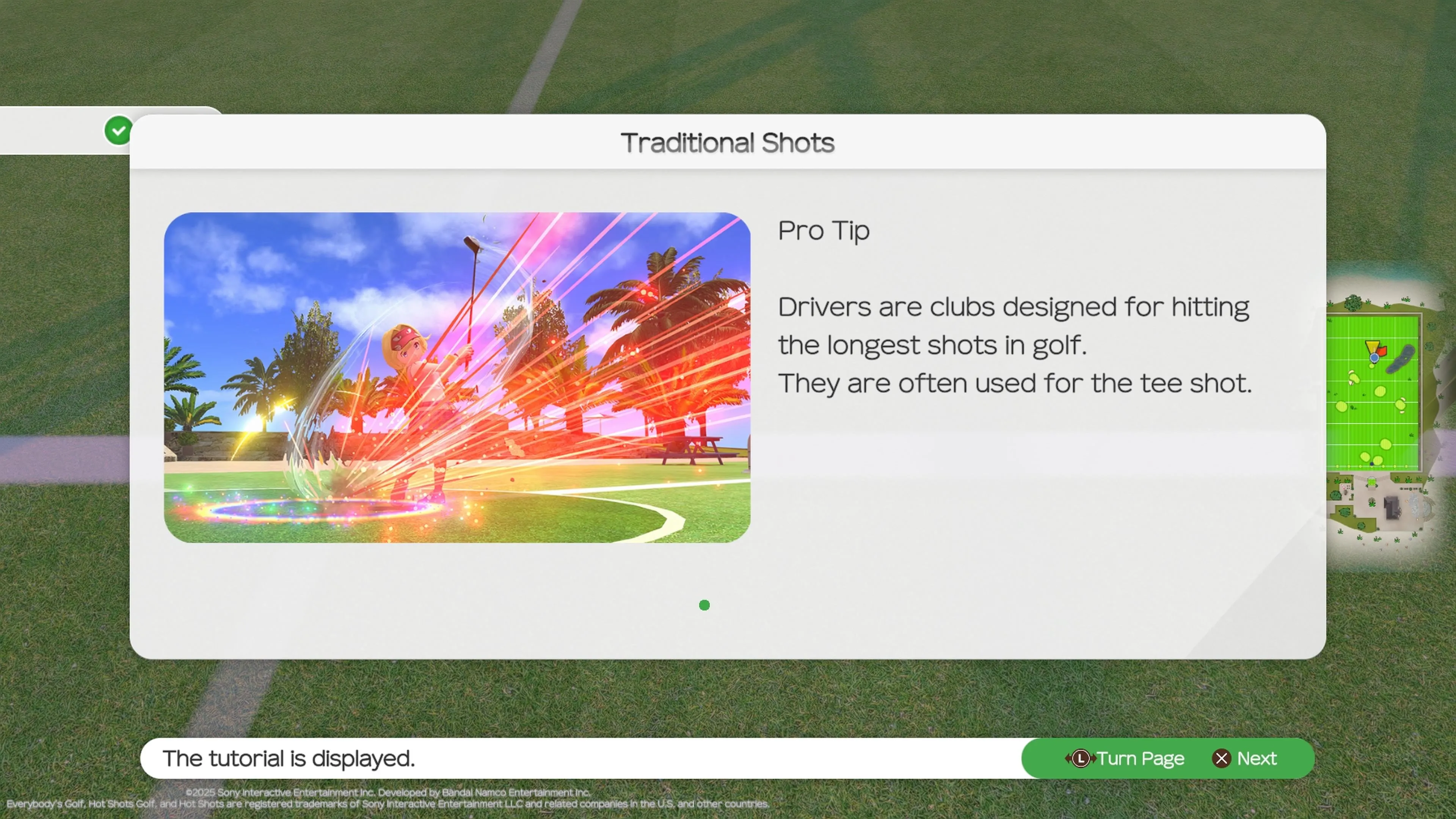 Giao diện trò chơi Everybody's Golf Hot Shots với các chỉ số và gợi ý, minh họa cách game giới thiệu các khái niệm golf cho người mới bắt đầu.