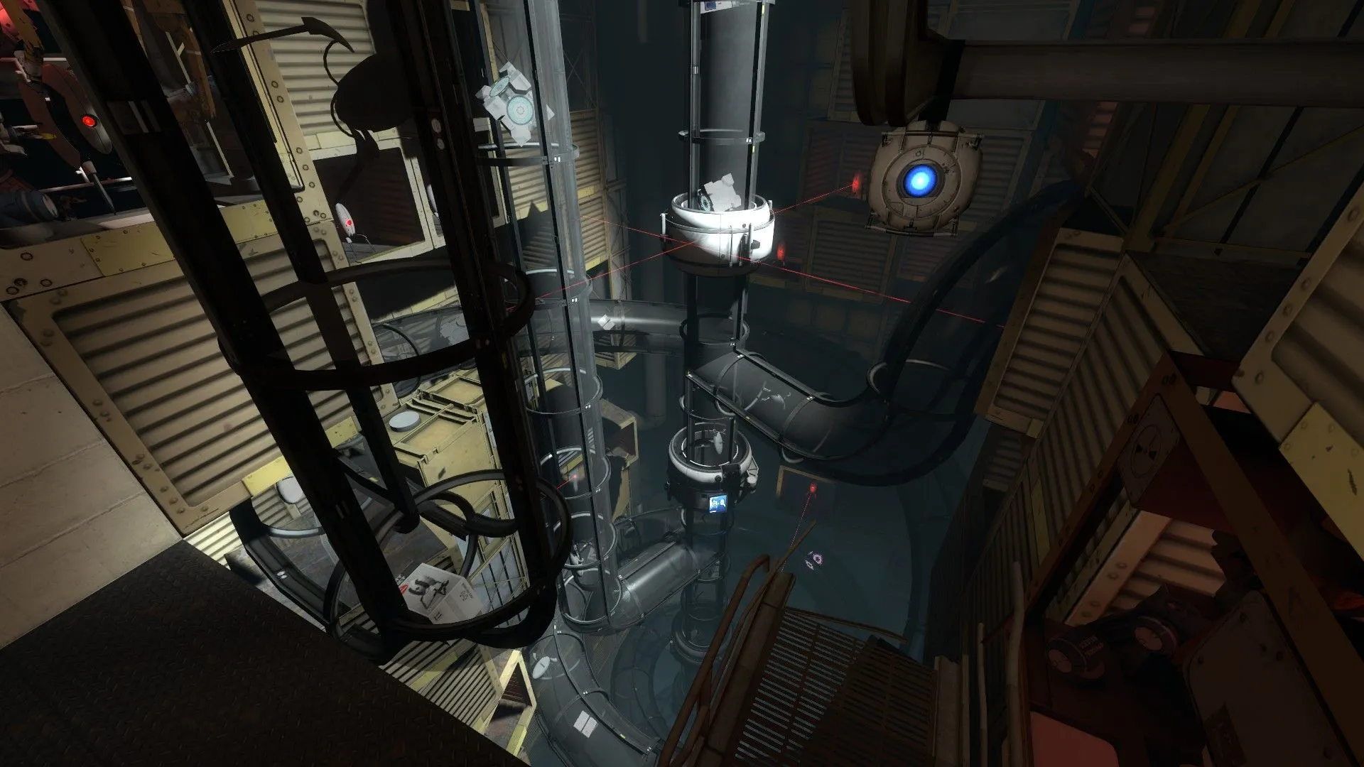 Hai robot ATLAS và P-Body, cùng Wheatley đang di chuyển qua các ống dẫn trong khu thí nghiệm Aperture Science của Portal 2
