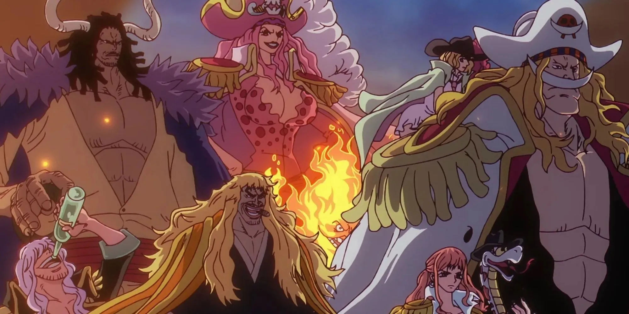 Hình ảnh các thành viên huyền thoại của băng Rocks Pirates gồm Râu Trắng, Kaido và Big Mom thời trẻ