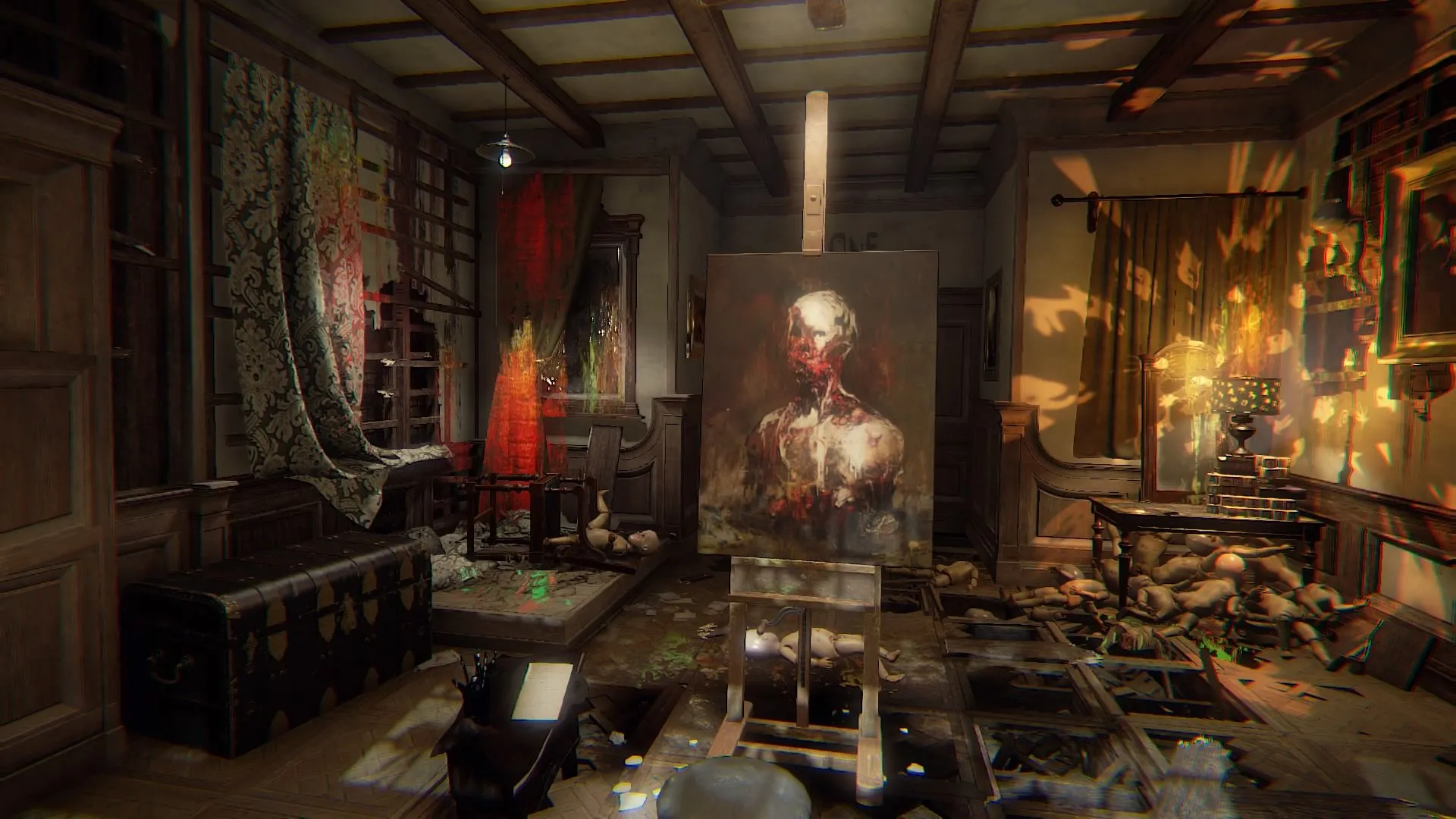 Hình ảnh một căn phòng vẽ tranh bị bỏ hoang trong Layers of Fear, thể hiện không khí u ám và nỗi ám ảnh của người họa sĩ