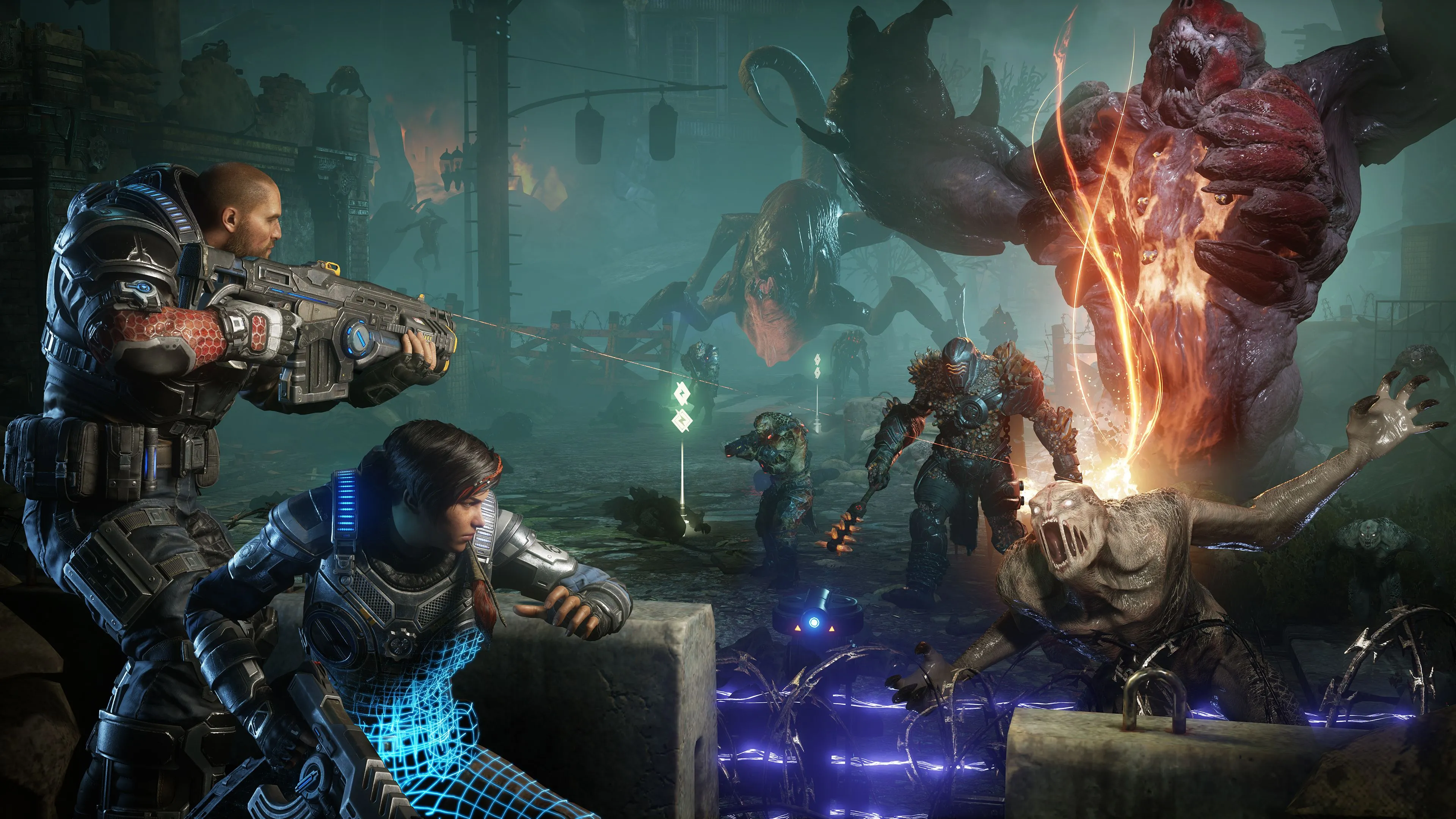 Kait Diaz và đội hình COG chiến đấu chống lại làn sóng Swarm trong chế độ Horde của Gears 5, thể hiện gameplay hành động nhanh và thế giới bán mở đầy thử thách.
