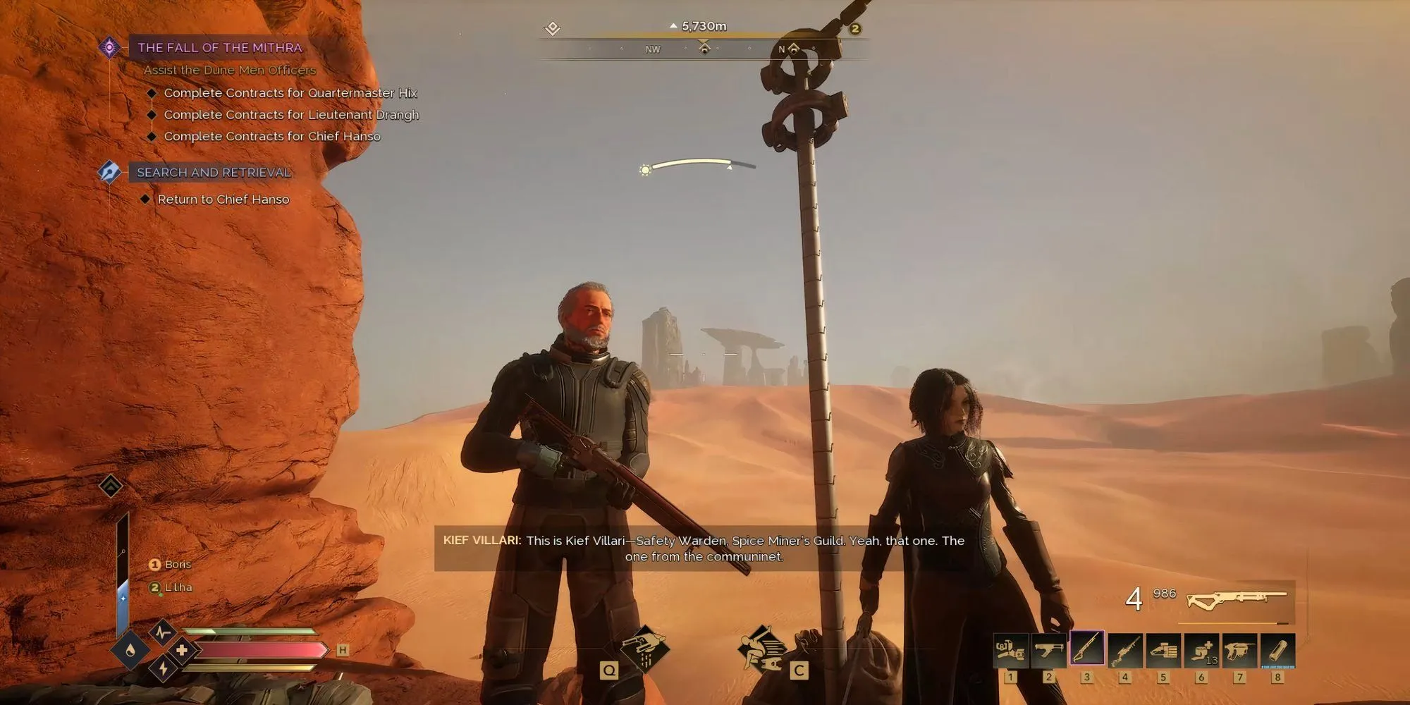 Kief Vallari, Quản lý An toàn, gọi điện sau khi hoàn thành nhiệm vụ Chief Hanso trong Dune Awakening
