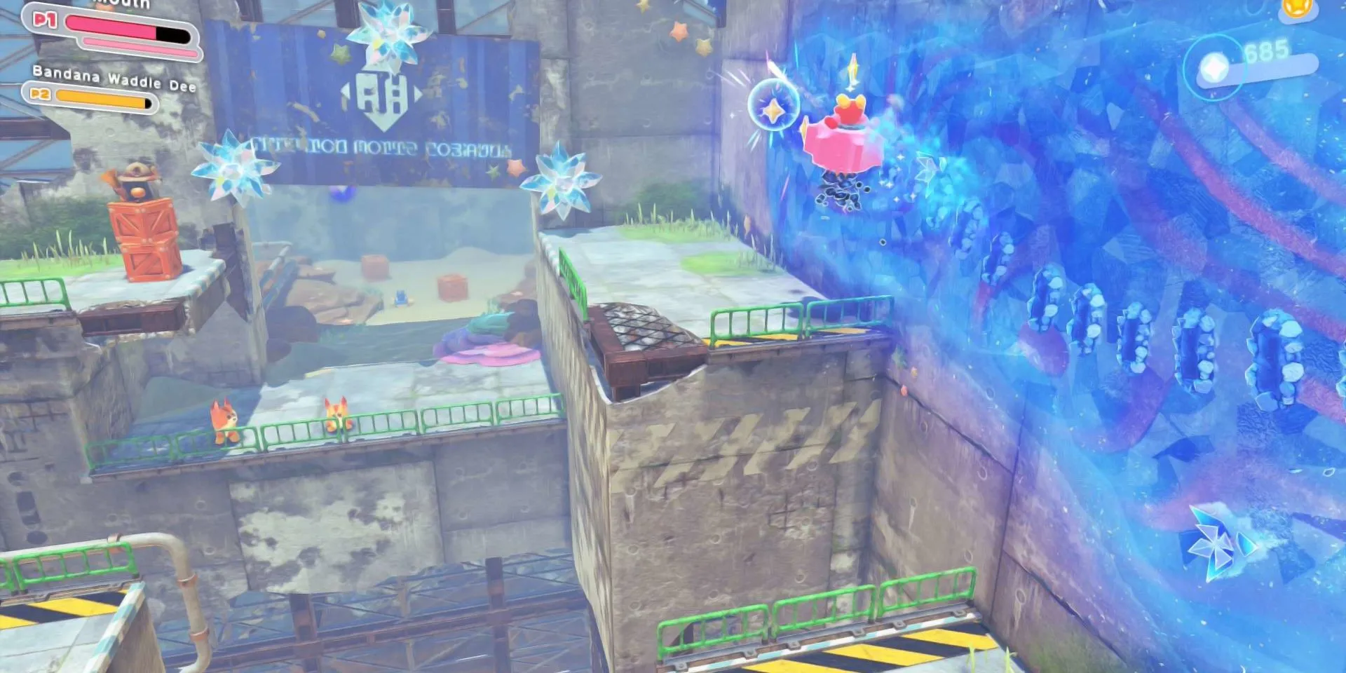 Kirby ở dạng Gear Mouthful Mode, sử dụng bánh răng để vượt qua chướng ngại vật trong DLC Star-Crossed World