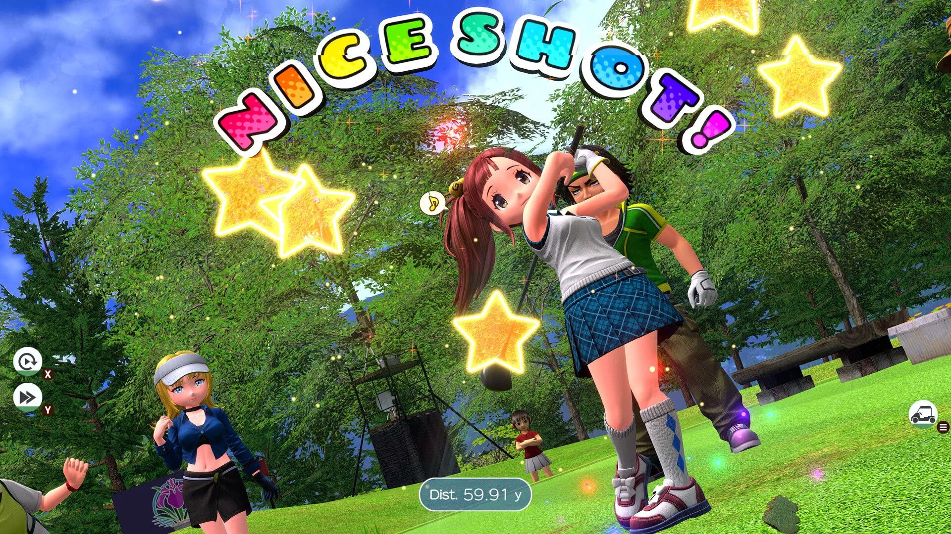 Một cảnh chơi golf sôi động trong Everybody's Golf Hot Shots, với nhiều nhân vật đa dạng trên sân, thể hiện yếu tố giải trí của game.