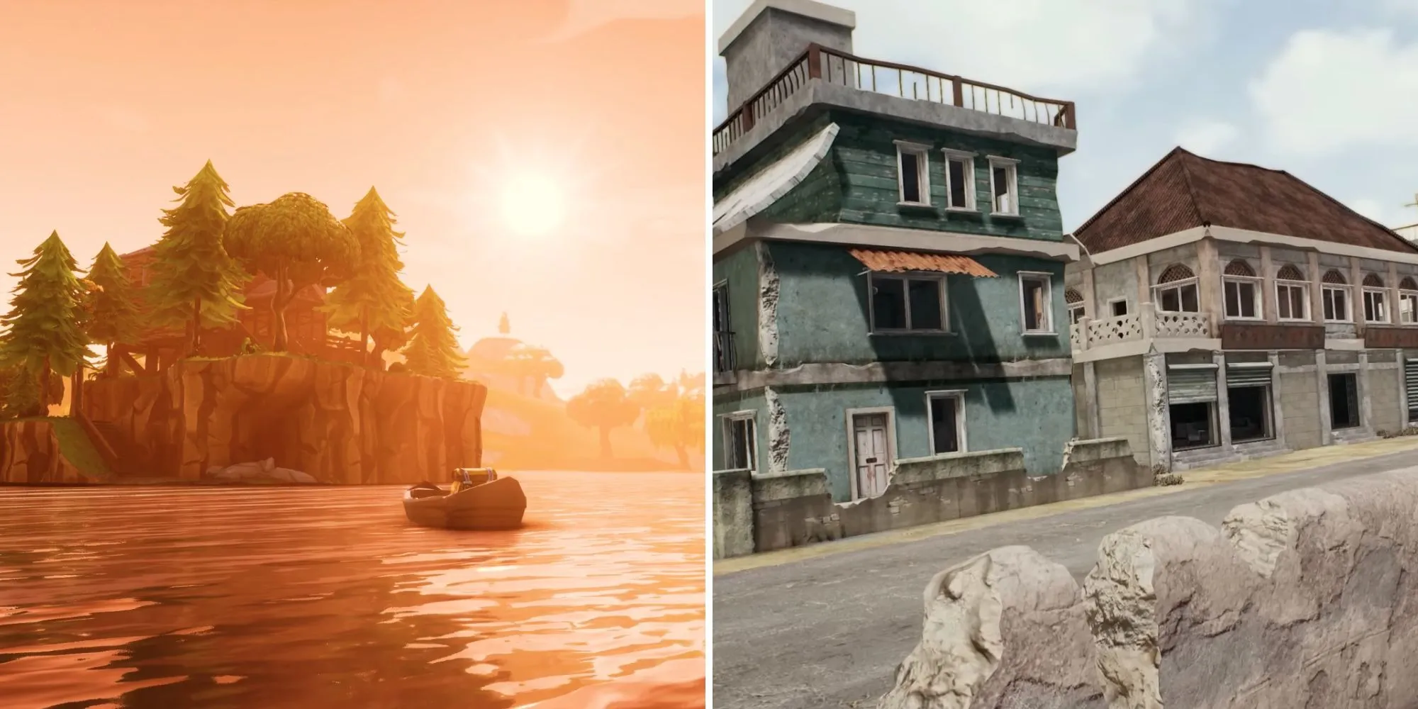 Một góc bản đồ Fortnite với cảnh quan đa dạng từ bãi biển đến lâu đài, cho thấy sự biến đổi liên tục của môi trường