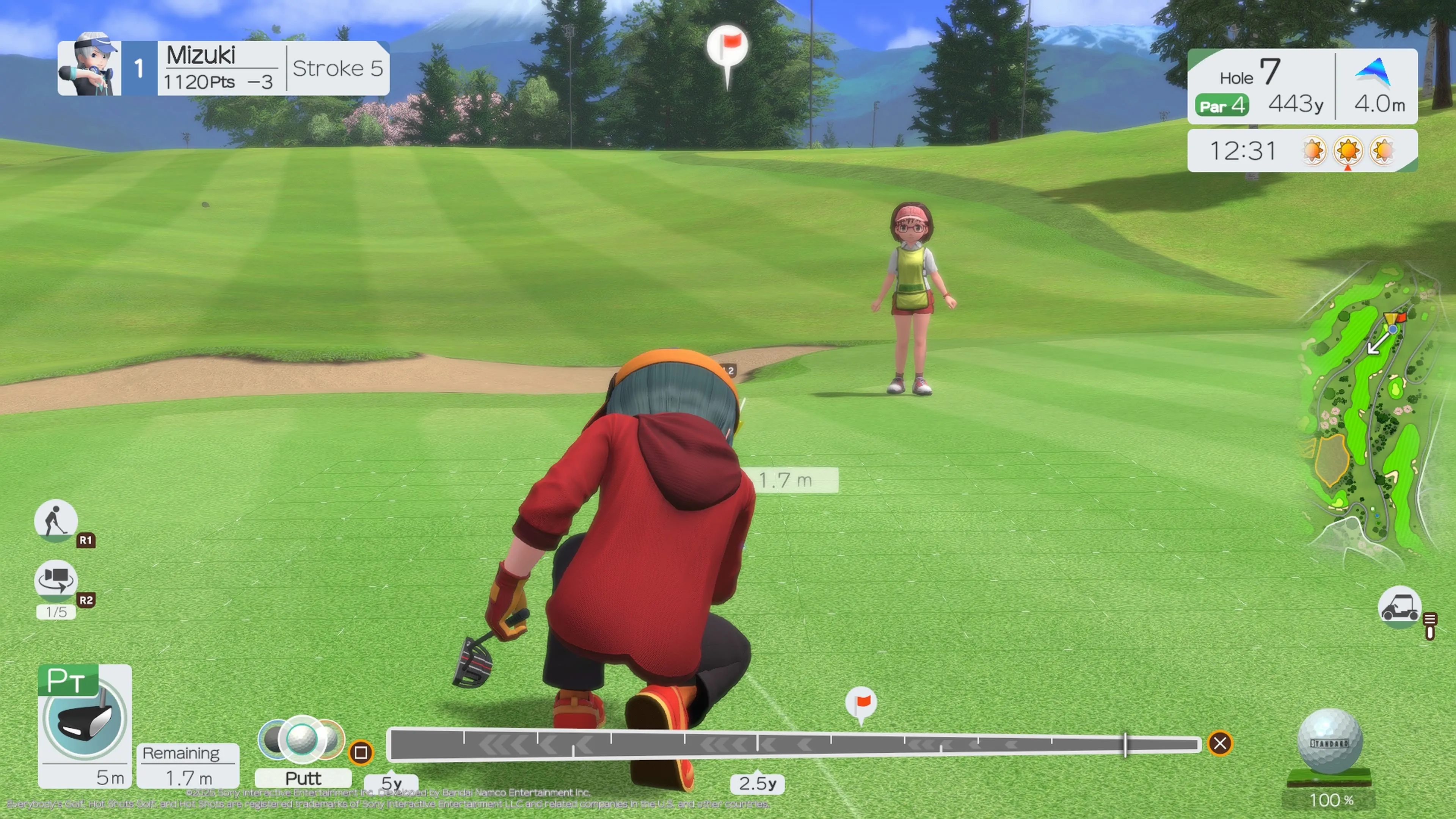 Một golfer khác trong Everybody's Golf Hot Shots đang tạo dáng hài hước, thể hiện sự thiếu chiều sâu và lặp lại trong thiết kế nhân vật và tương tác.