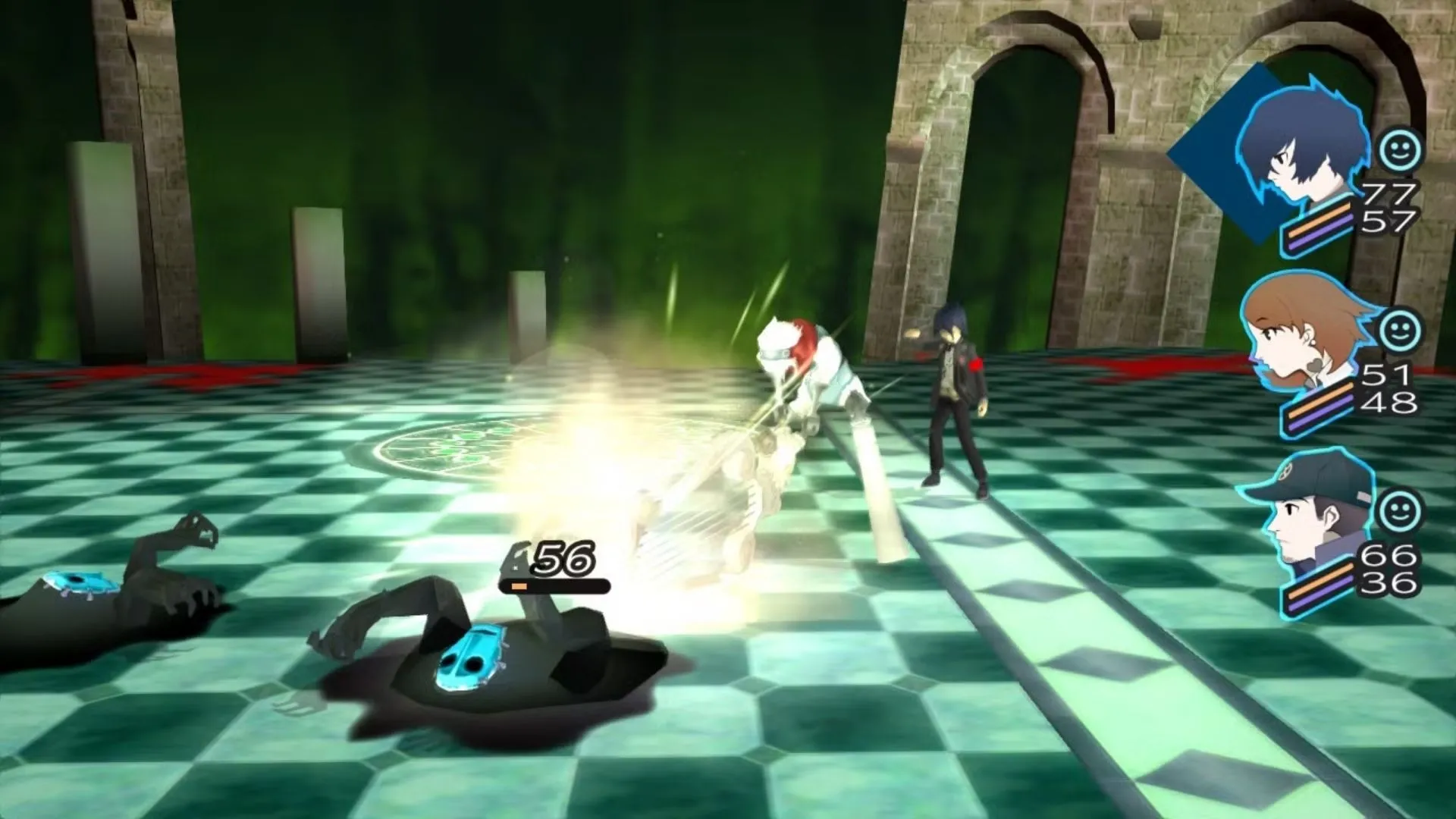 Nhân vật chính của Persona 3 đứng giữa những cỗ quan tài bí ẩn trong Dark Hour, thể hiện không khí kinh dị JRPG