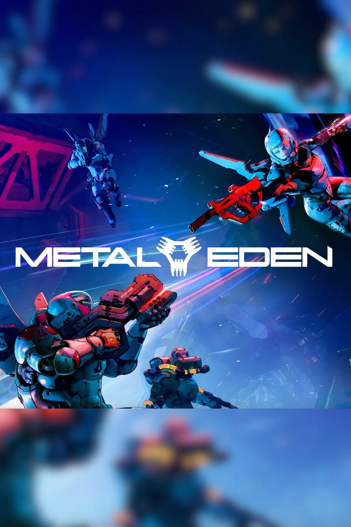 Nhân vật chính Metal Eden thực hiện pha hành động parkour trên không, đấu súng với robot địch trong môi trường khoa học viễn tưởng