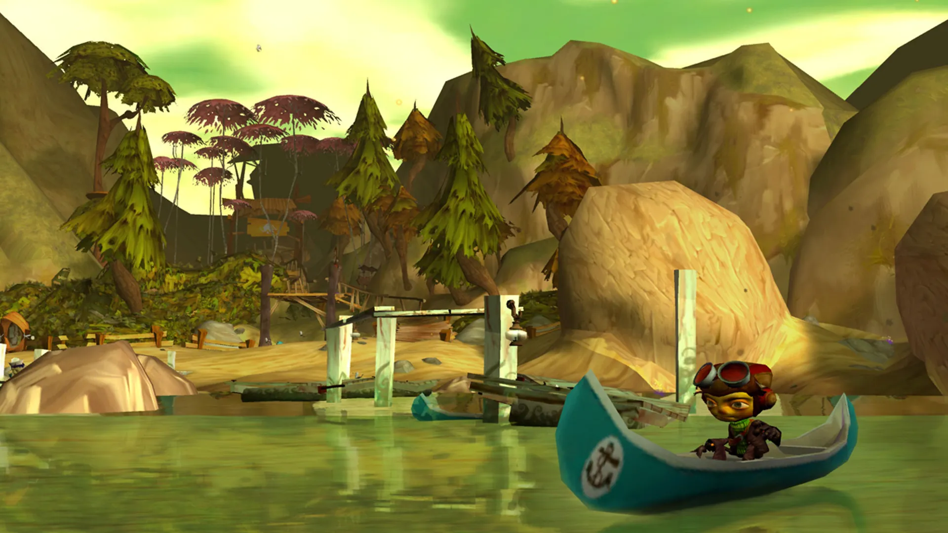 Nhân vật chính Raz đang chèo thuyền kayak trên mặt nước trong thế giới đầy màu sắc của Psychonauts
