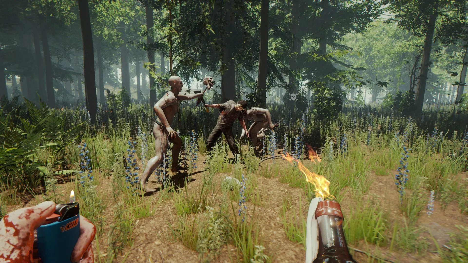 Nhân vật chính trong game The Forest đối mặt với thổ dân ăn thịt người giữa khu rừng hoang dã, biểu tượng cho hành trình sinh tồn đầy thử thách