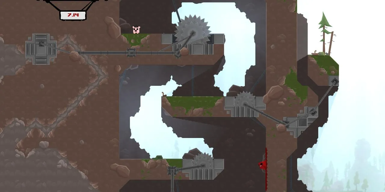 Nhân vật Super Meat Boy đang nhảy qua các chướng ngại vật sắc nhọn trong một màn chơi đầy thử thách, tượng trưng cho độ khó của game.