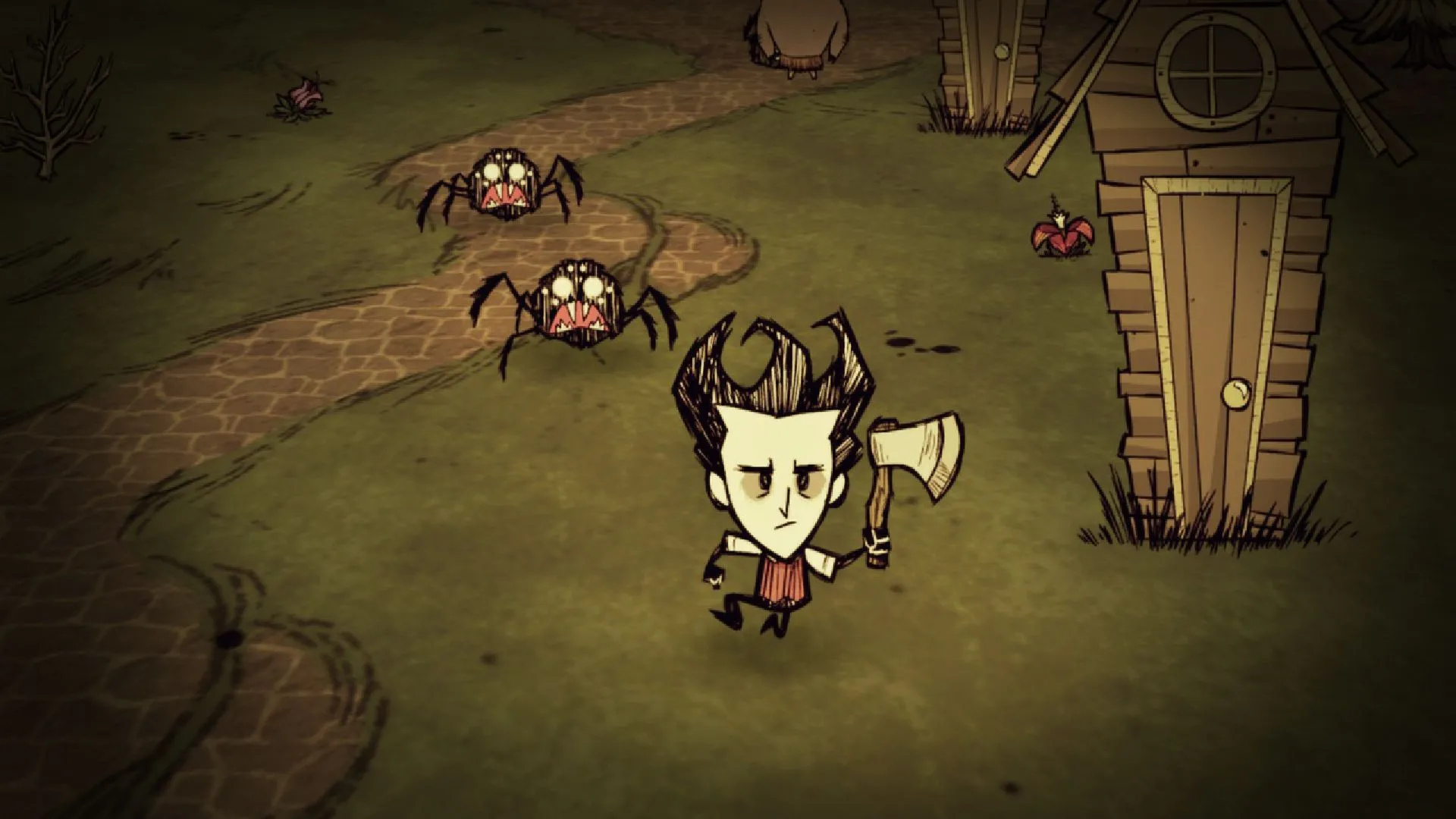 Nhân vật Wilson cố gắng sinh tồn trong Don't Starve khi màn đêm bao trùm, phong cách đồ họa độc đáo