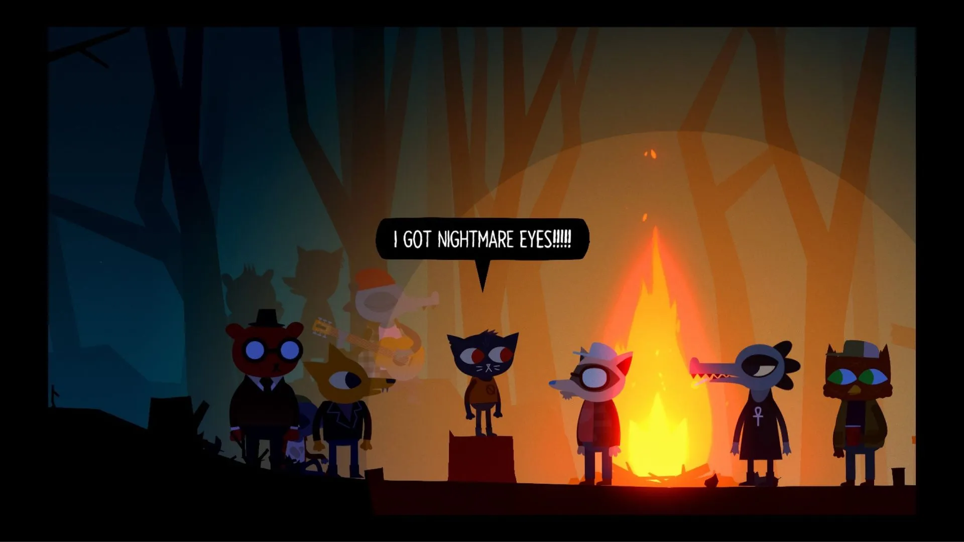 Nữ mèo Mae thẫn thờ nhìn khung cảnh thị trấn vào ban đêm trong game phiêu lưu kể chuyện Night in the Woods