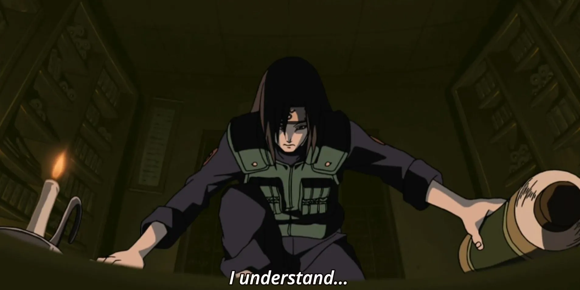 Orochimaru với nụ cười bí hiểm, tượng trưng cho những thí nghiệm bất tận của hắn trong Naruto