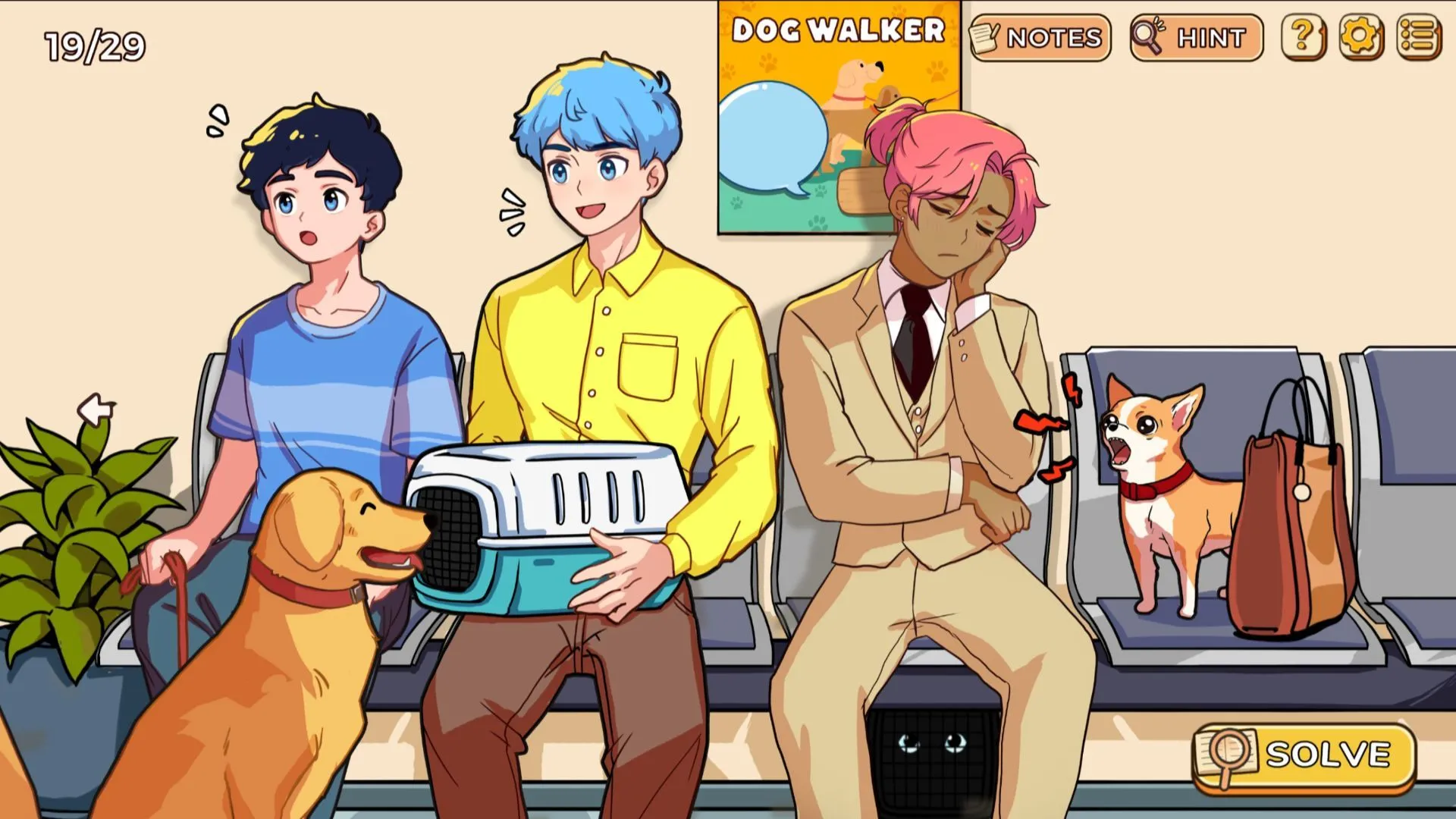 Phong cách đồ họa anime của Little Problems: Ba người đàn ông và thú cưng trong phòng chờ