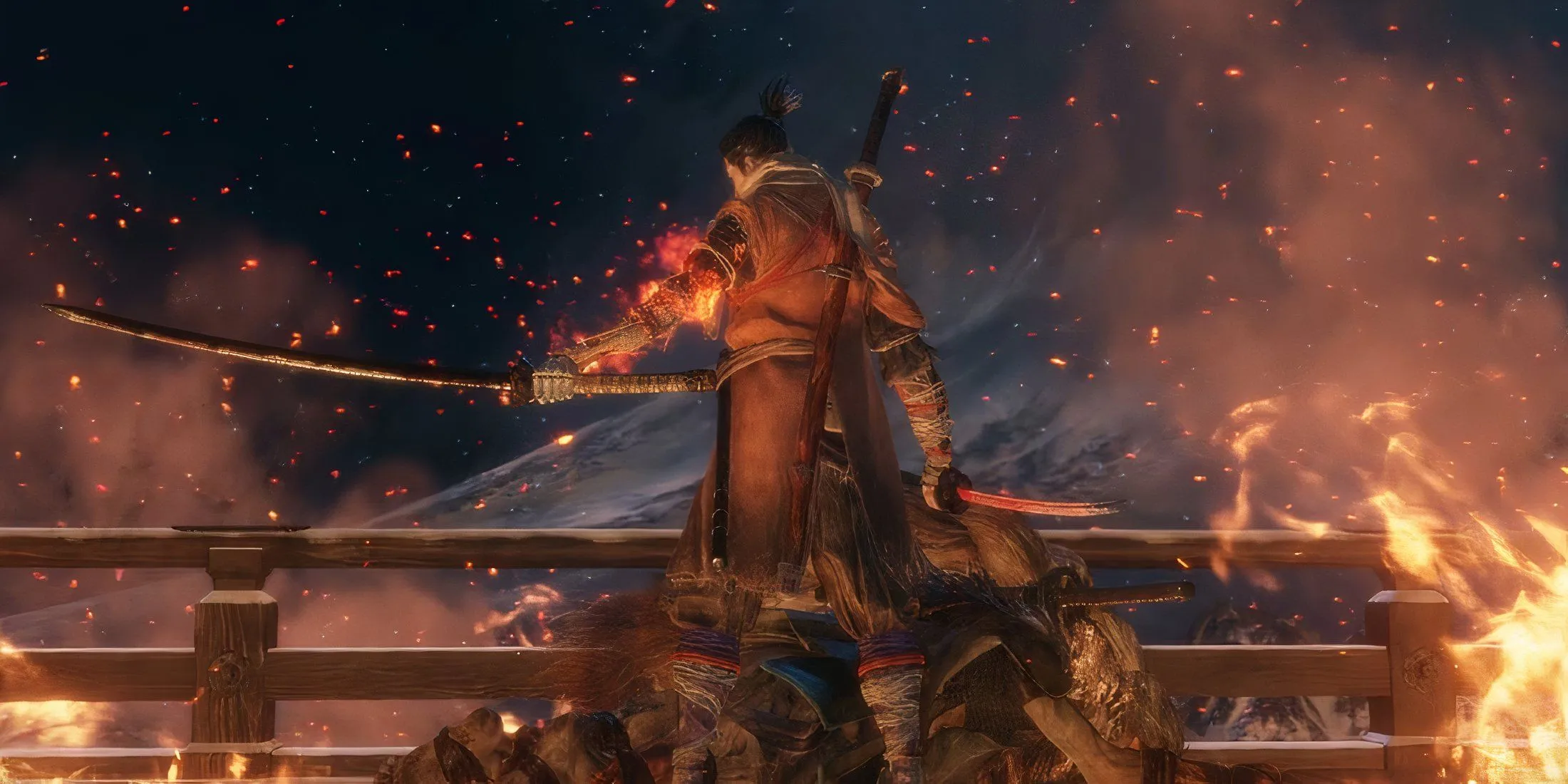 Sekiro: Shadows Die Twice với cảnh kết thúc Shura, thể hiện không khí u ám và đầy bi kịch của game.