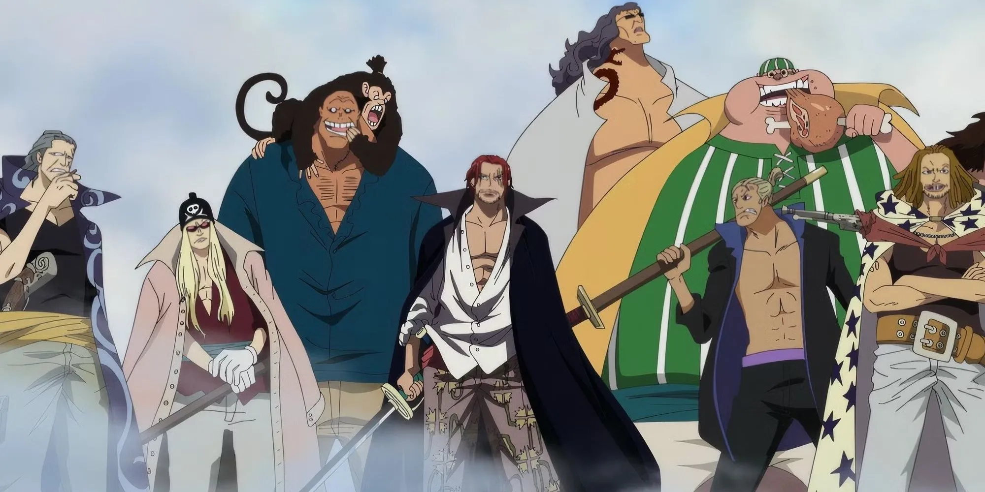 Shanks &quot;Tóc Đỏ&quot; cùng các thành viên trụ cột của băng hải tặc Tóc Đỏ, thể hiện sự điềm tĩnh và quyền lực