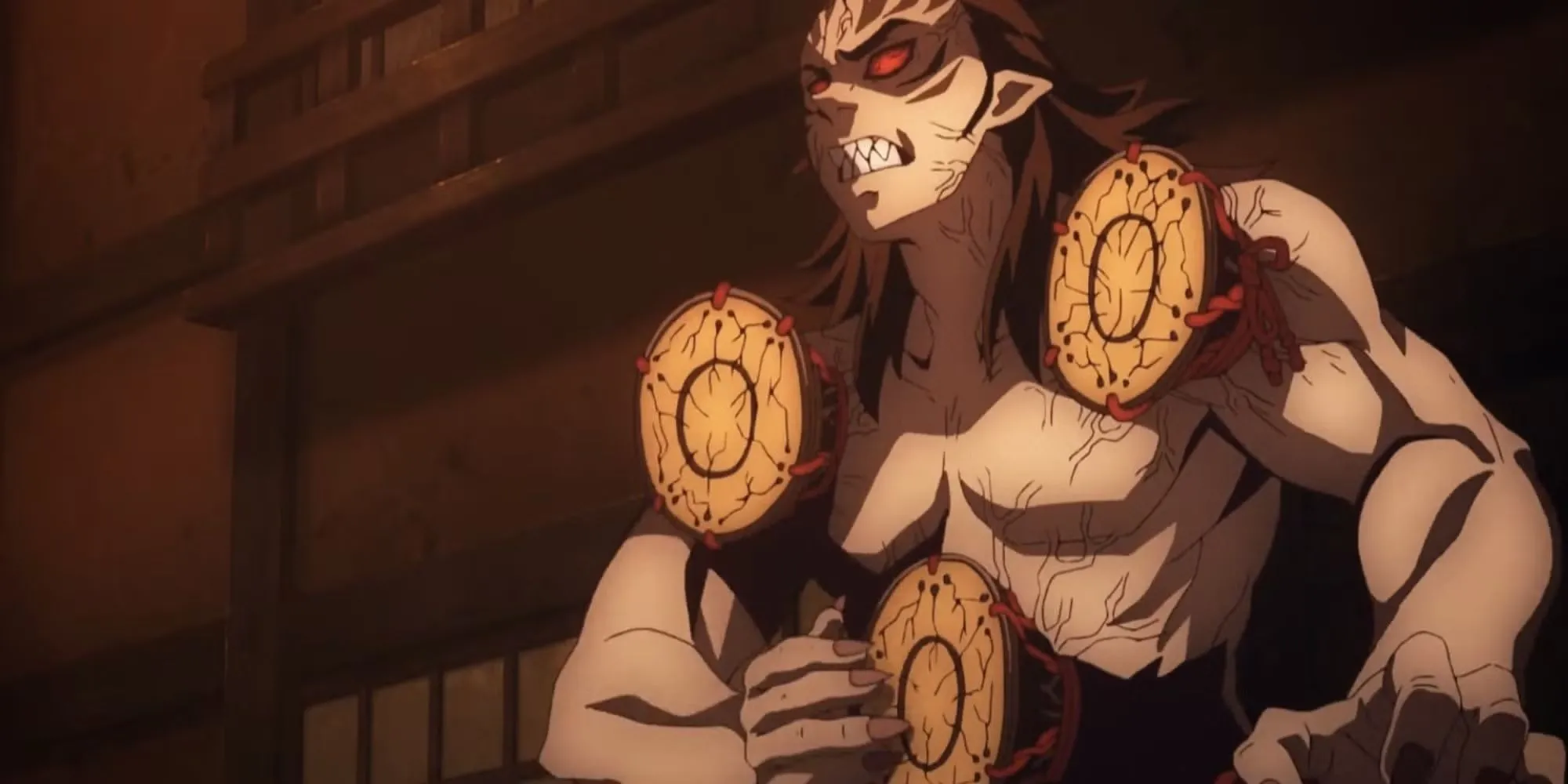 Tanjiro cúi đầu xin lỗi Kyogai, Quỷ Trống, thể hiện sự tôn trọng không cần thiết sau trận chiến