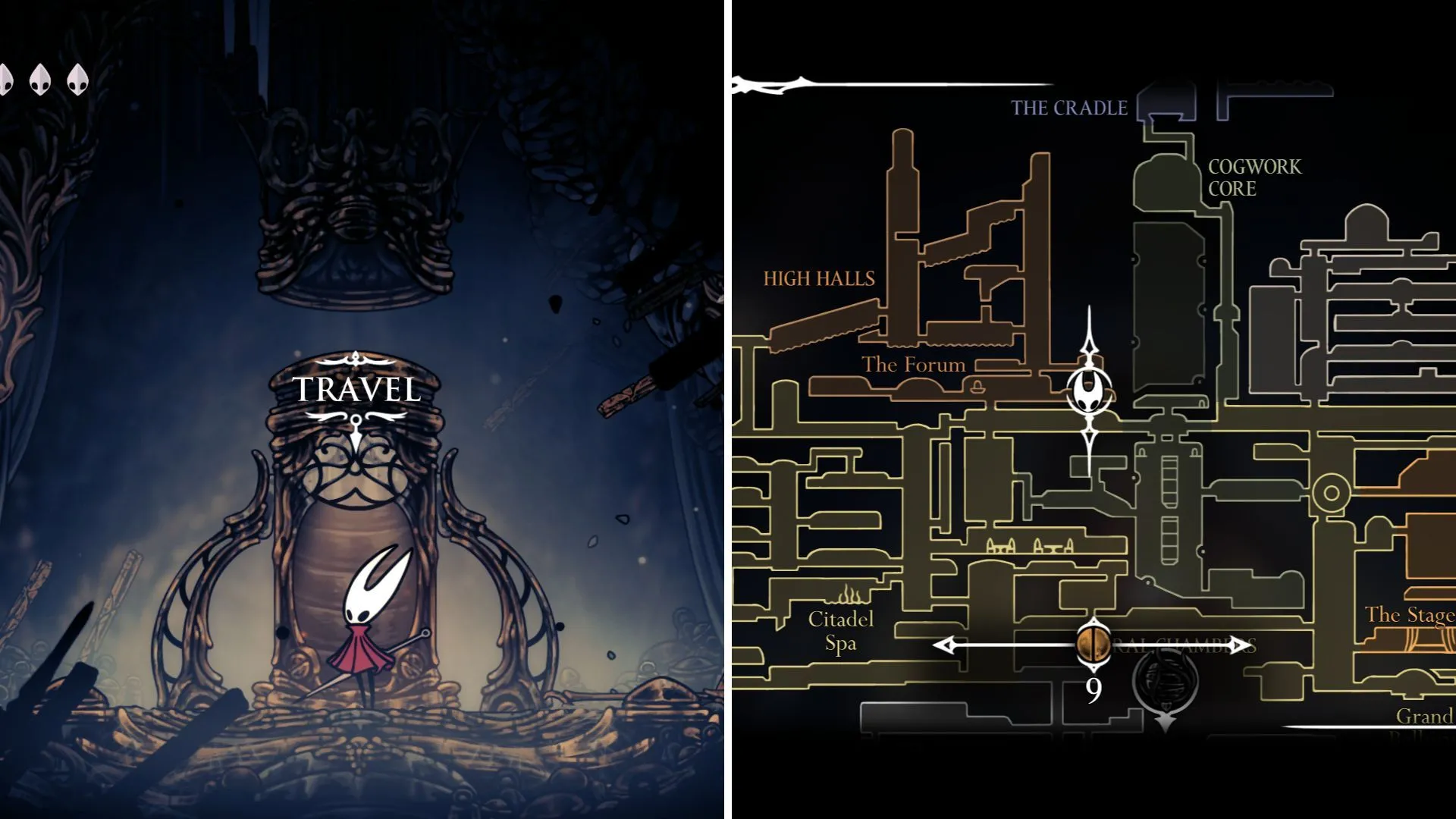 Trạm Ventrica High Halls Hollow Knight Silksong gần lối vào khu vực chiến đấu thử thách