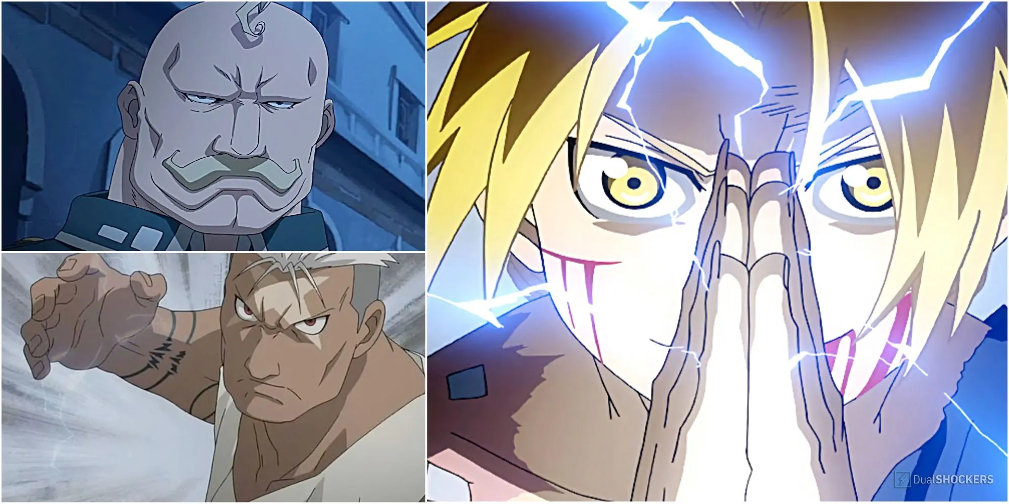 Tướng Armstrong, Scar và Edward Elric, những nhân vật chủ chốt chứng kiến và chịu ảnh hưởng từ chiến tranh Ishval.