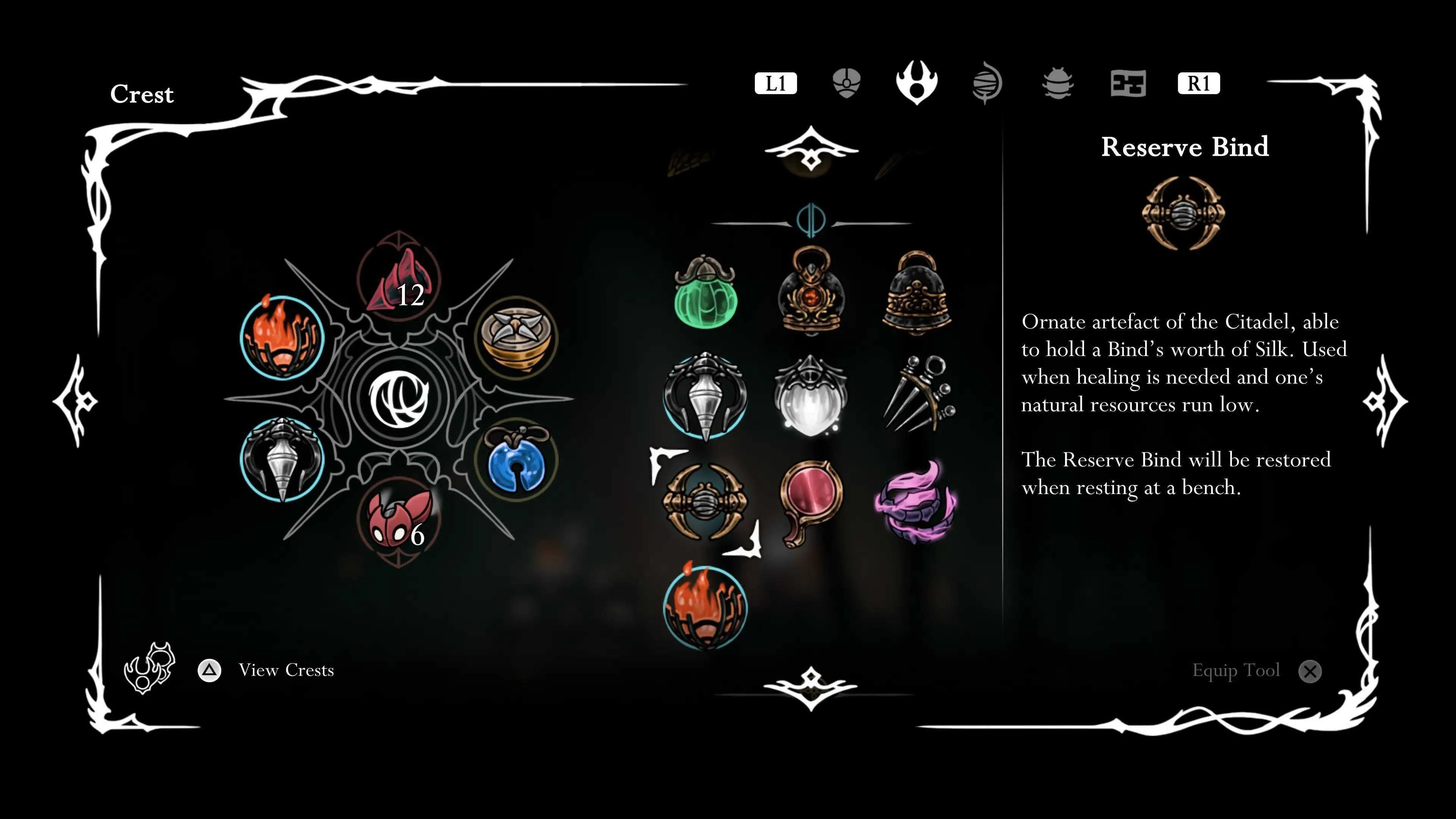 Vật phẩm Reserve Bind màu xanh trong Hollow Knight Silksong