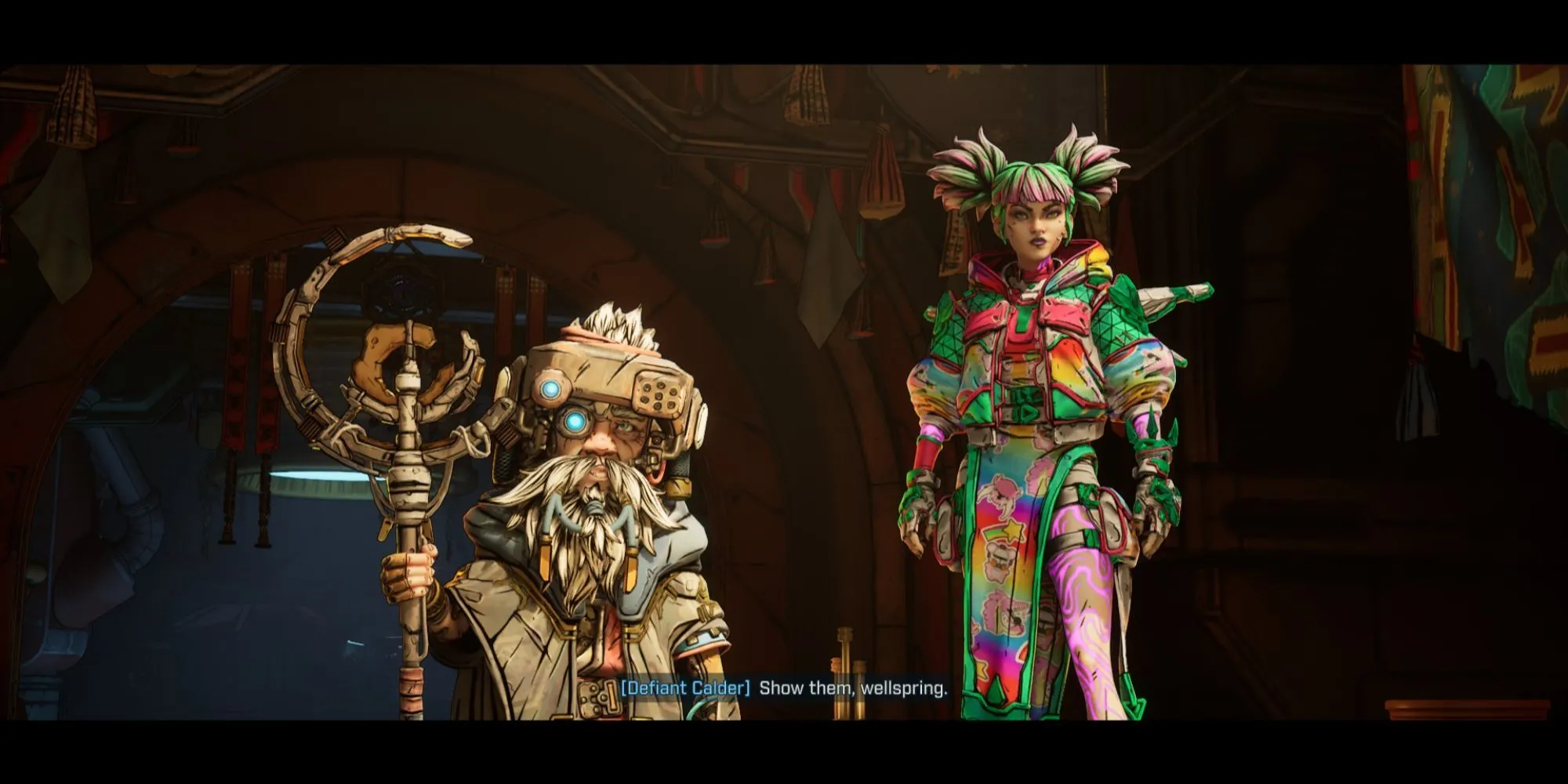 Vault Hunter trò chuyện cùng NPC, cho thấy sự tương tác sâu sắc hơn trong Borderlands 4