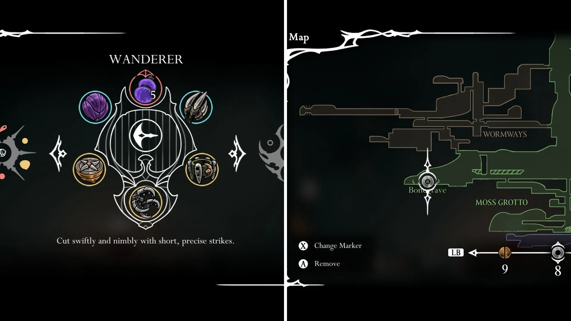 Wanderer Crest giúp Hornet tung ra những đòn chém nhanh, gợi nhớ Hiệp Sĩ trong Hollow Knight